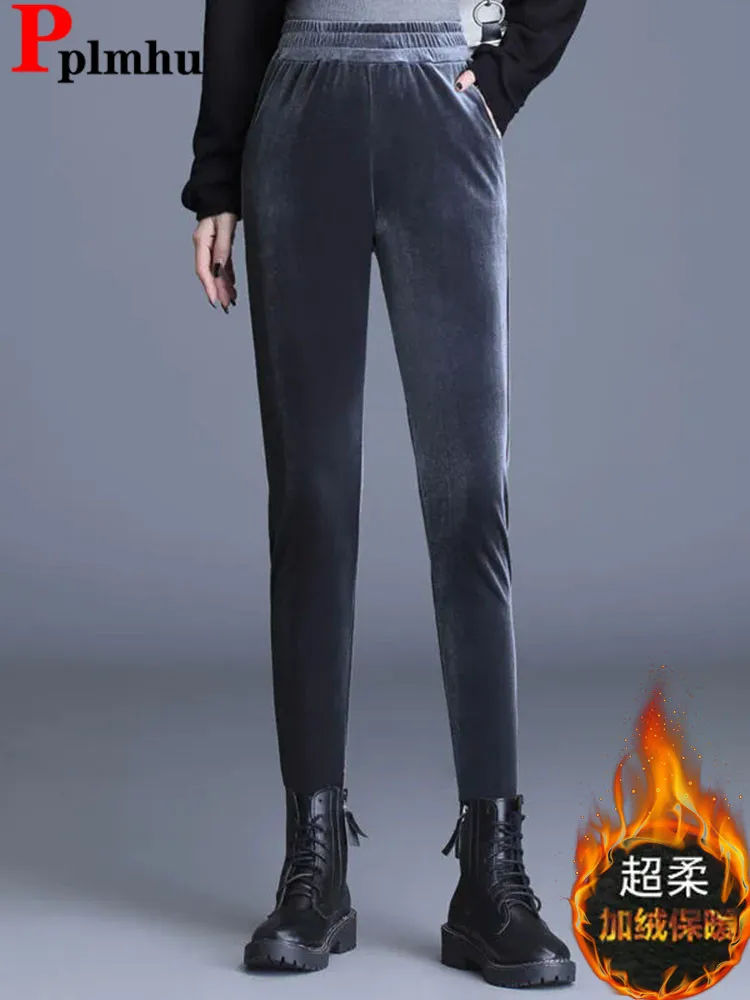 

Elastic High Waist Thicken Harem Pants Women Casual Solid Plush Velvet Lined Slim Pantalones Winter Warm Snow Wear Jogger Calca