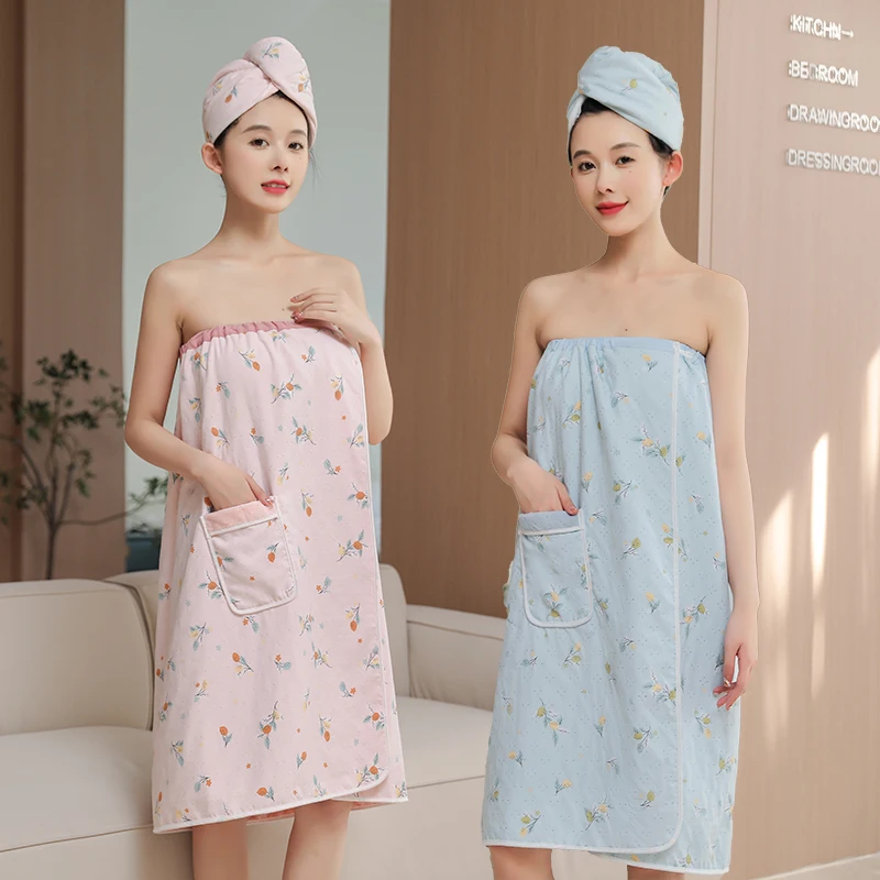 

The New Fabric Bath Skirt Can Be Worn For Home Use And Wrapped Women's Bathroom Absorbent Dry Hair Hat Bath Skirt Two-Piece