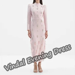 Vindal Evening Dress Tea Length Scoop Neckline Mermaid Elegant  Built-in Bra Crepe Saudi Arabia Long Sleeves For Woman 2024