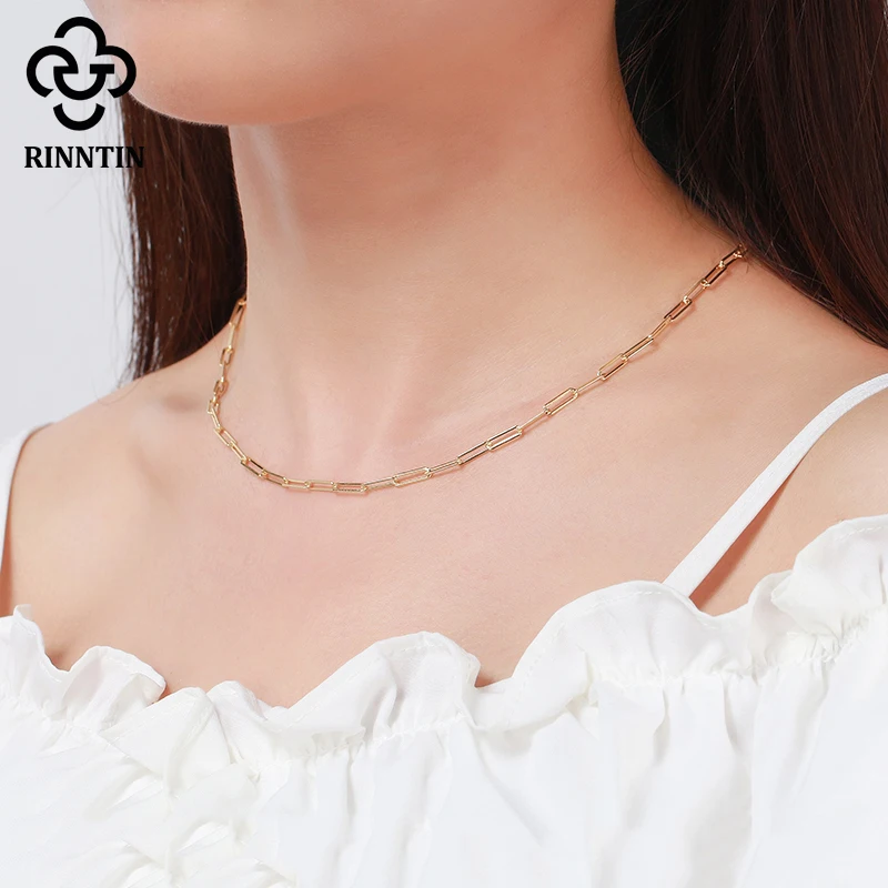 Rinntin 925 Sterling Silver Paperclip Neck Chain Fashion 14K Gold Link Chain Necklaces for Women Silver Dainty Jewelry SC39