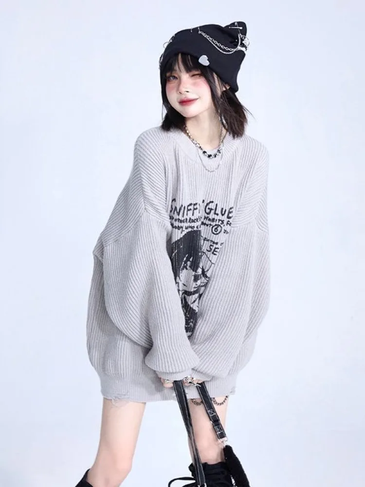 Oversized Harajuku Grunge Cartoon Jacquard Sweaters Streetwear Vintage Preppy Jumpers 2024 Women Y2k Aesthetic Casual Pullovers