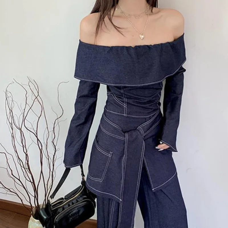 

2025 Spring Autumn Retro Denim Off-the-Shoulder Top High-Waisted Wide-Leg Pants and Stylish Butt-Cover Three-Piece Set for Women