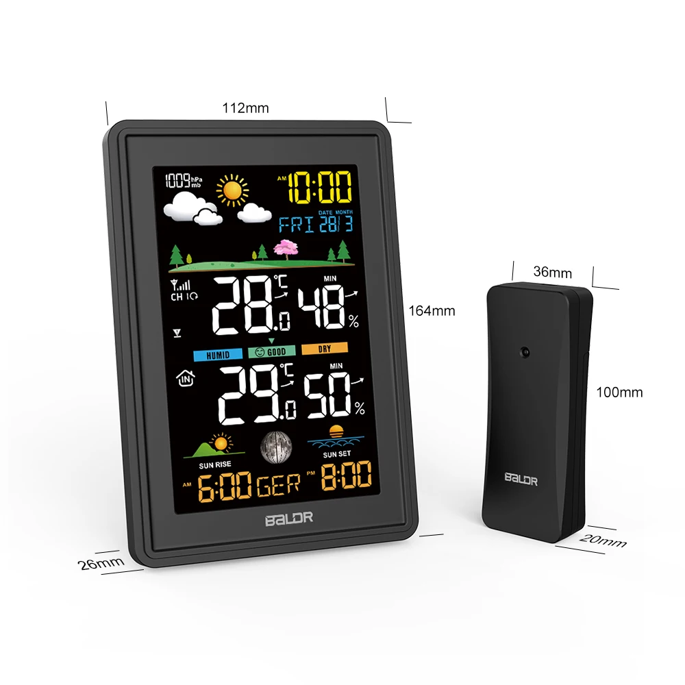 BALDR Wireless Digital Color Display Weather Station Clock Barometer Thermometer Hygrometer Trend Sun Time Forecast Sensor -40℃