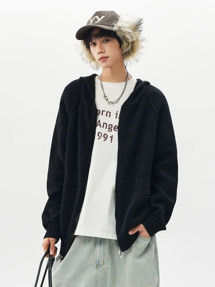 American Retro Gray Sweater Jacket Stylish Men's Autumn Winter New High-end Youth Trendy Hooded Knitwear