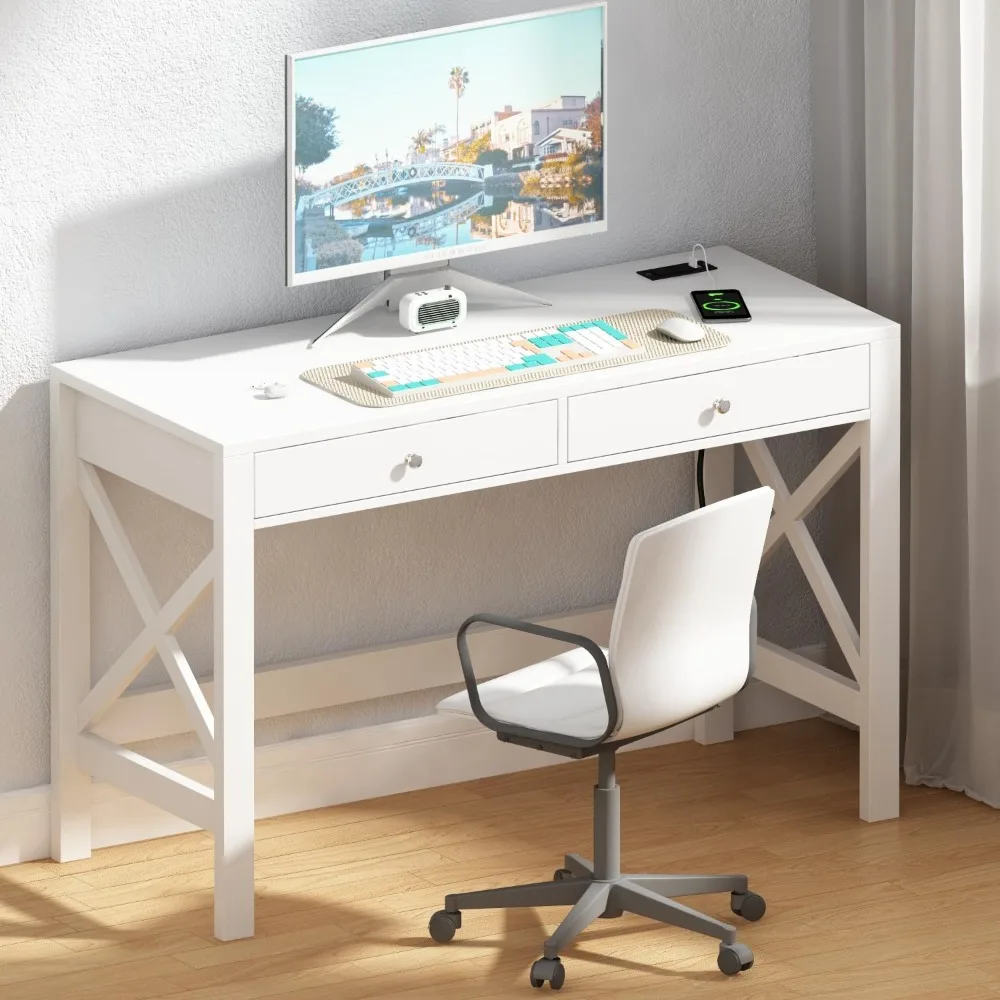 Bureau d'ordinateur avec ports de charge USB et prises de courant, bureau blanc de 39 pouces avec égouts de proximité, table d'écriture d'étude avec cadre en X stable