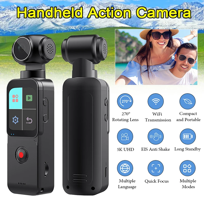 كاميرا الجيب 4K HD شاشة LCD تعمل باللمس مقاس 1.69 بوصة 270 ° تثبيت الصورة التلقائي، مسجل فيديو رقمي واي فاي محمول