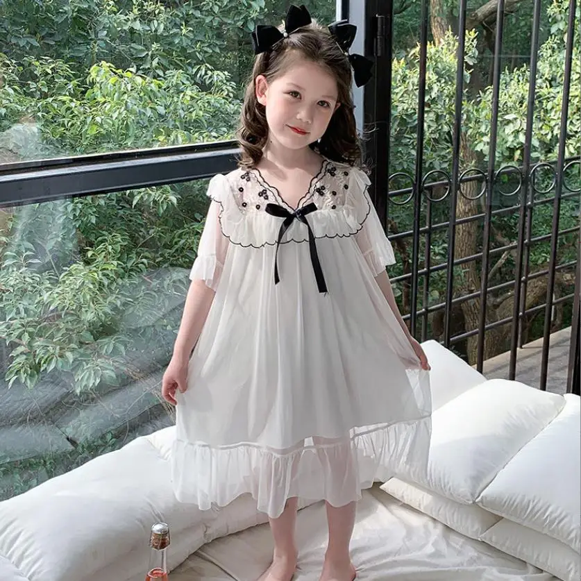 Girl Short Sleeve Sleep Dress Baby Embroidery Summer Thin Pajamas White Princess Comfortable Home Clothes Kids Nightgown Wz1148