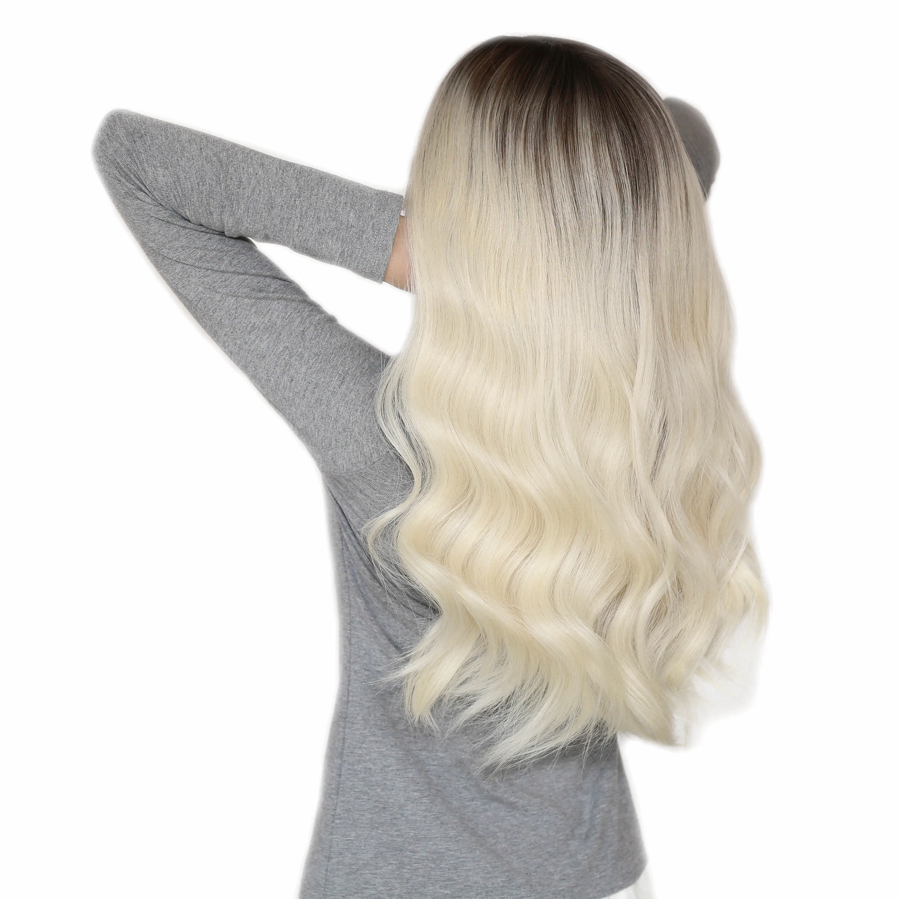 Wavy Lace Front & Top Wig Pale Blonde with Brunette Hand Painted Glueless Human Hair Balayage Ombre Wig