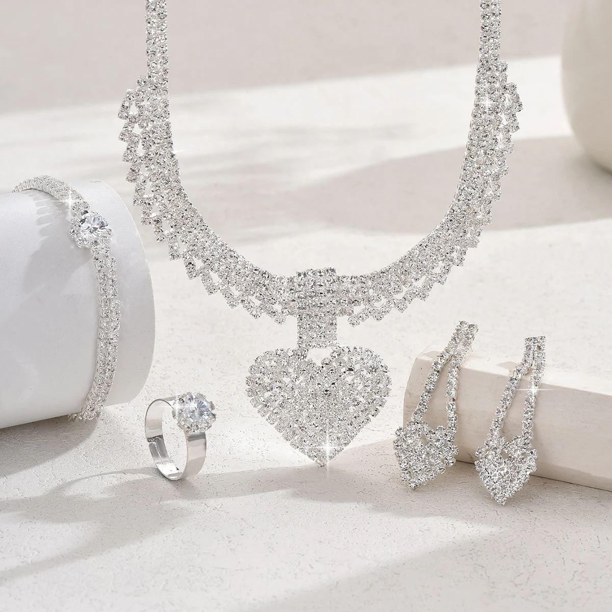 5 قطع أزياء المرأة الخوخ القلب قلادة، أقراط، أساور، خواتم، مجموعة مجوهرات مناسبة لحفلات الزفاف، الحفلات، هدايا المهرجان