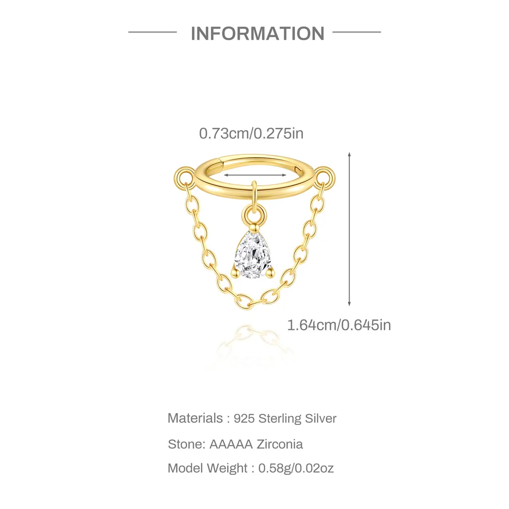 AIDE 925 Sterling Silver Gold Chain Clicker Nose Ring Piercing Clicker Helix Cartilage Hoop Earring Handmake Body Jewelry 1pc