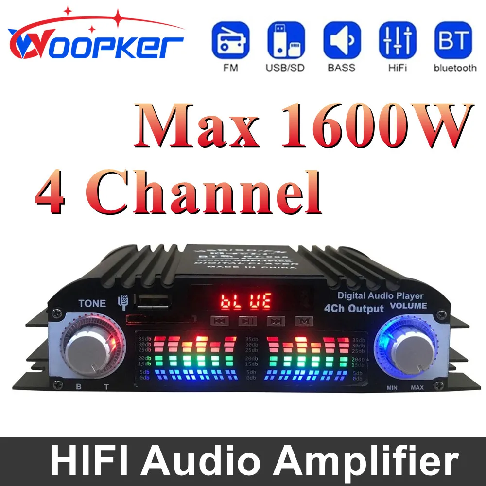 Woopker 1600W Peak Power HiFi Sound Amplifier Digital 4 Channel Audio Amp Support Bluetooth Karaoke Player FM Remote Control 