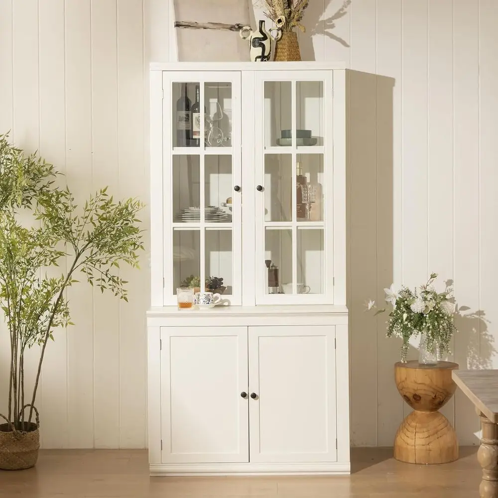 75 Tall White Glass Door Kitchen Pantry Cabinet with Shelves for Storage, Coffee Bar Hutch, Living Room, and Bar
