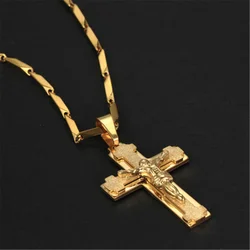 Religious Jesus Cross Pendant Men Gold Color Stainless Steel Christ Crucifix Necklaces Male Christian Jewelry Dropshipping