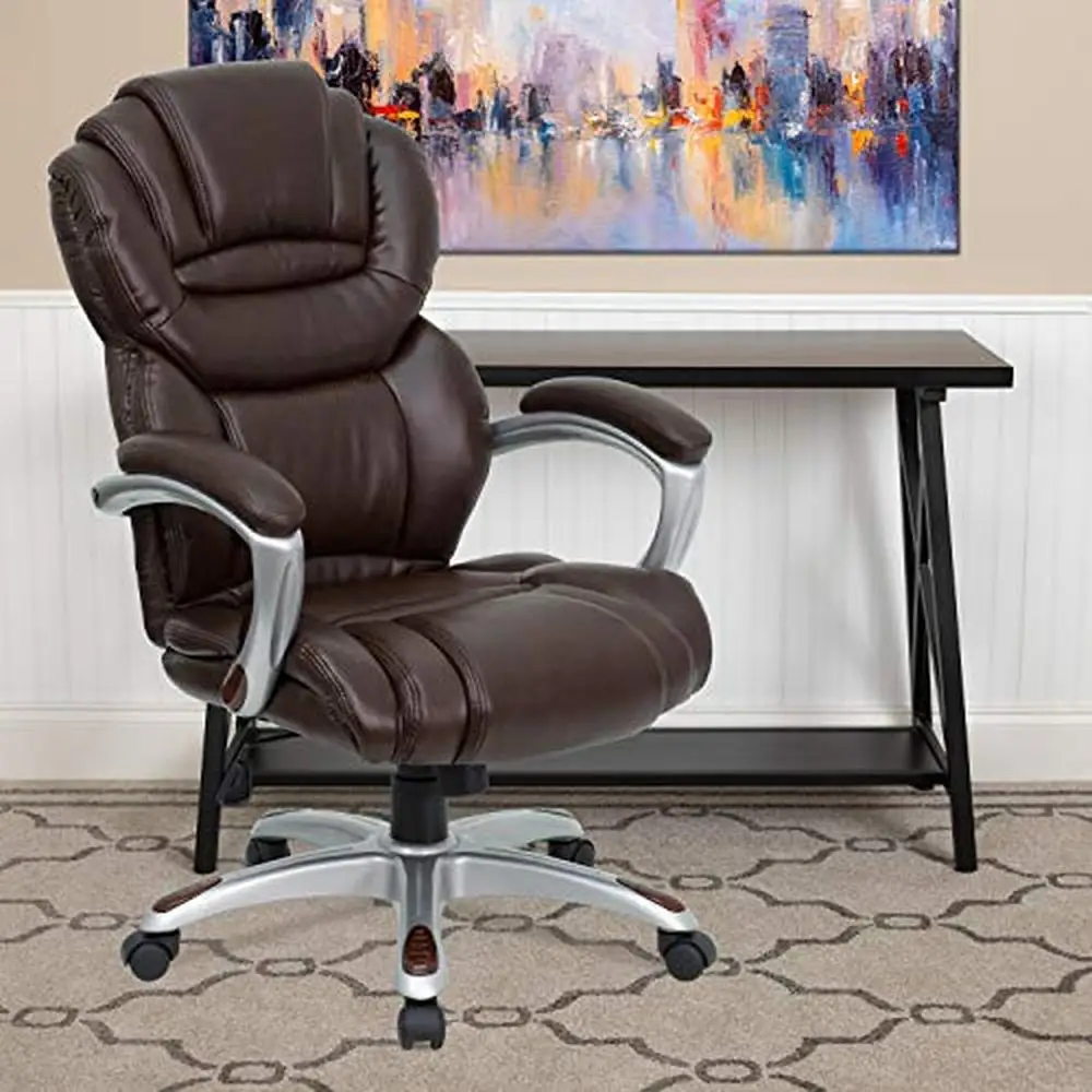 

Executive Swivel Office Chair High Back Brown LeatherSoft Lumbar Support Tilt Lock Mechanism Adjustable Arms Modern Style