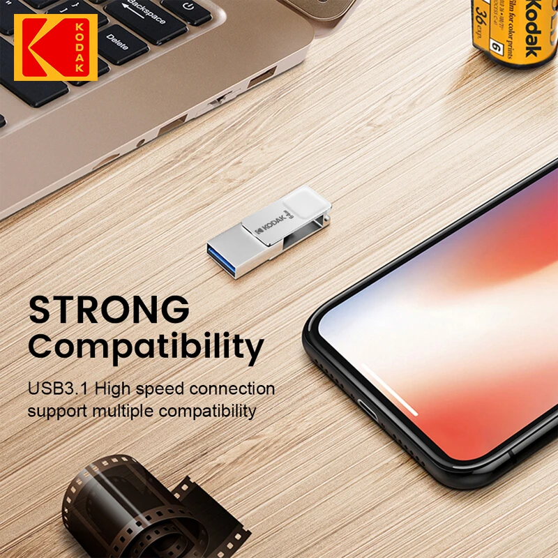 محرك فلاش كوداك USB3.0 من النوع C اثنان في واحد 223c 256 جيجابايت 128 جيجابايت 32 جيجابايت بندريف عالي السرعة عصا ذاكرة مزدوجة للهواتف الذكية والكمبيوتر المحمول