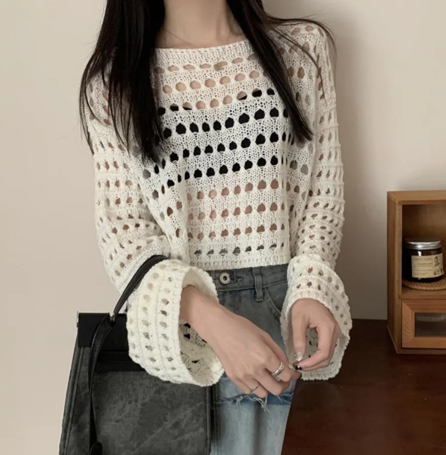 

Korean Popular Clothes Long-Sleeved Pullover Cut-Out Knit Sweater Solid Color Cropped Top for Women Hollowed Out Sun Cover Top