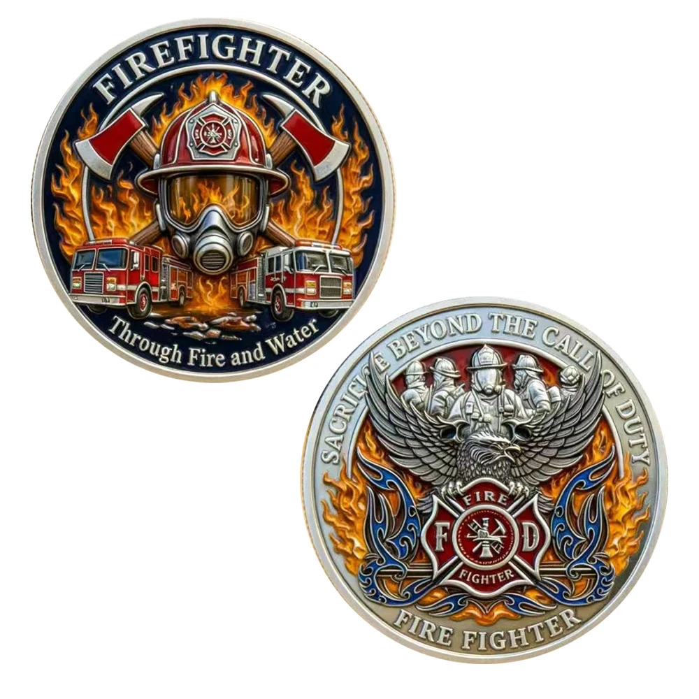 1pc Through Fire and Water Firefighter Commemorative Coin Fireman Sacrifice Hero Memorial Coin Retirement Gifts for Collectors