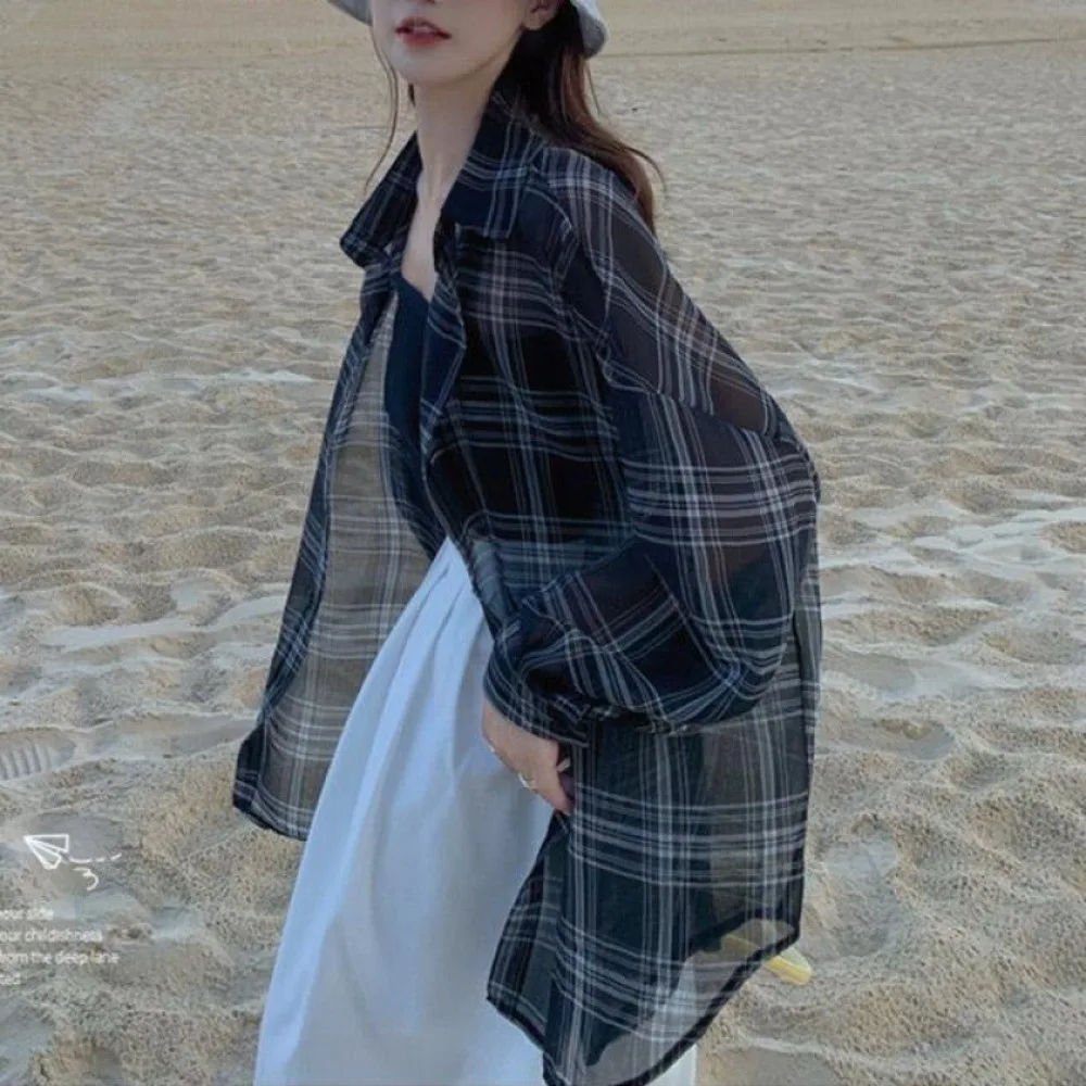 2025 Chique Zomer Luie Sle Losse Casual Dunne Lange Sve Plaid Zonwering Irt Jas Dames Koreaanse Sle Loose Fit Lichtgewicht