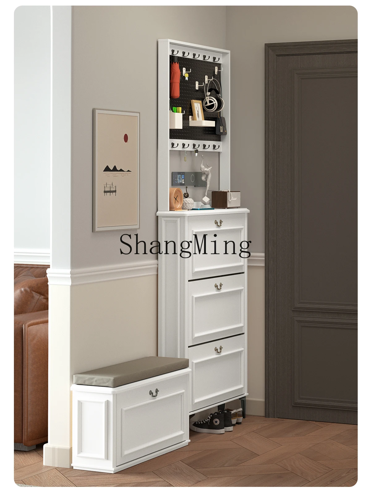 CL solid wood ultra-thin tipping bucket shoe cabinet household door entrance with coat rack simple modern entrance hall log