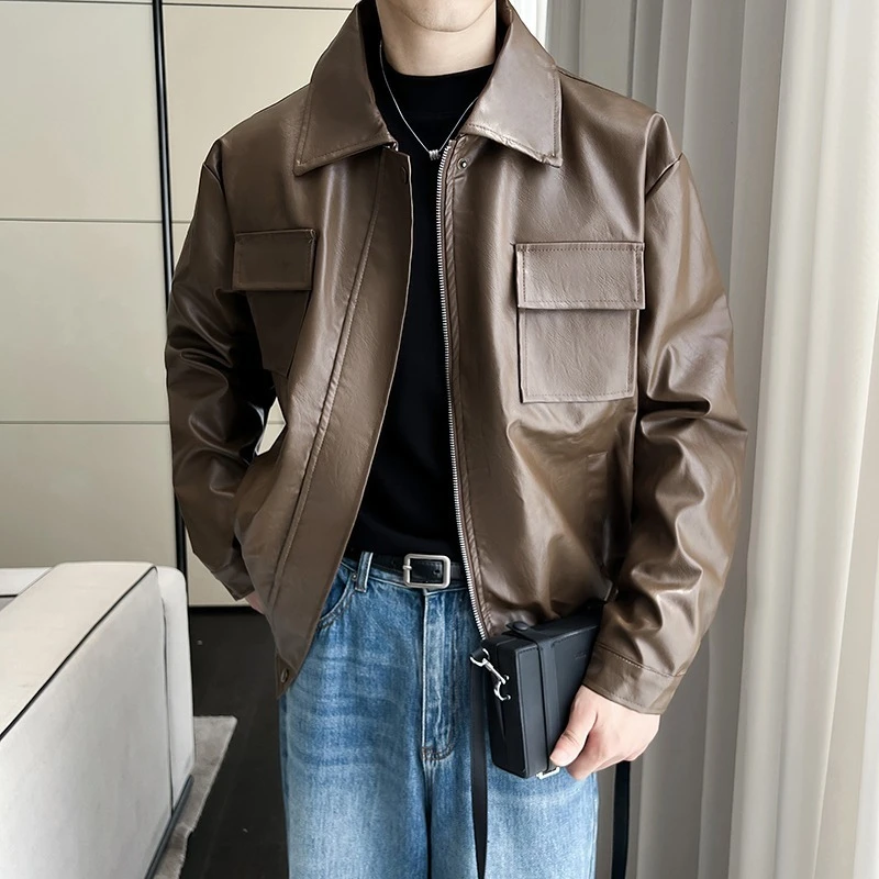

Autumn Winter Handsome PU Leather Jacket for Men - Niche Design Double Zipper Shoulder Pad Biker Jacket Streetwear Coat