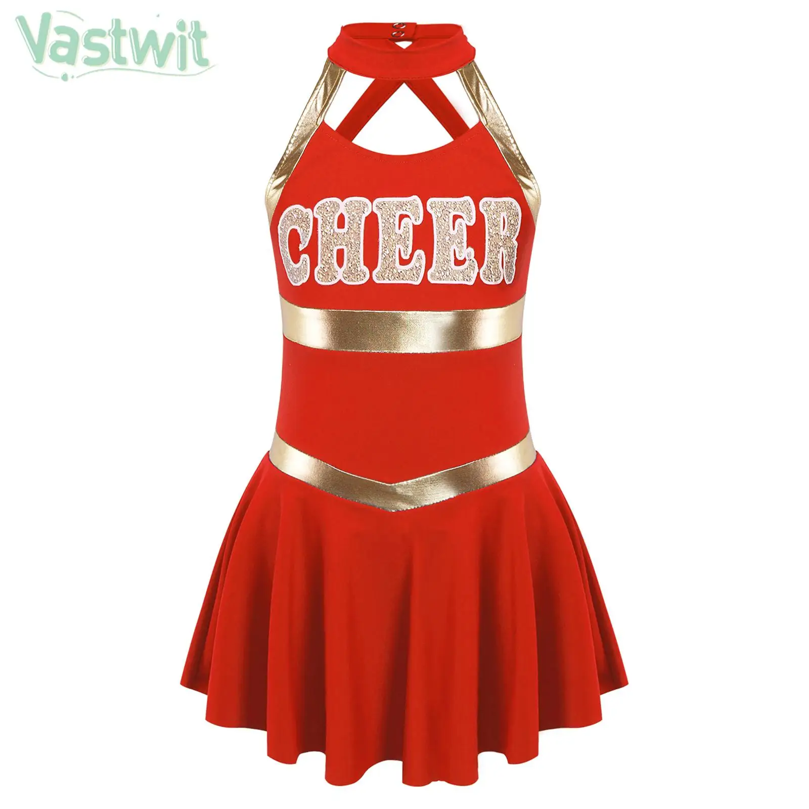 Girls Cheerleading Costume Sleeveless Letter Print Dance Dresses for Schoolgirl Stage Performance Sport Meeting Cosplay Party