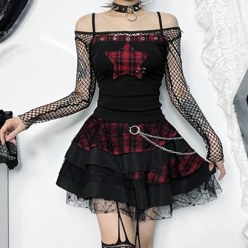 ISAROSE Y2K Camisole Tops for Women Summer Sleeveless Patchwork Black Red Plaid Star Gothic Adjustable Straps Crop Tops S M L