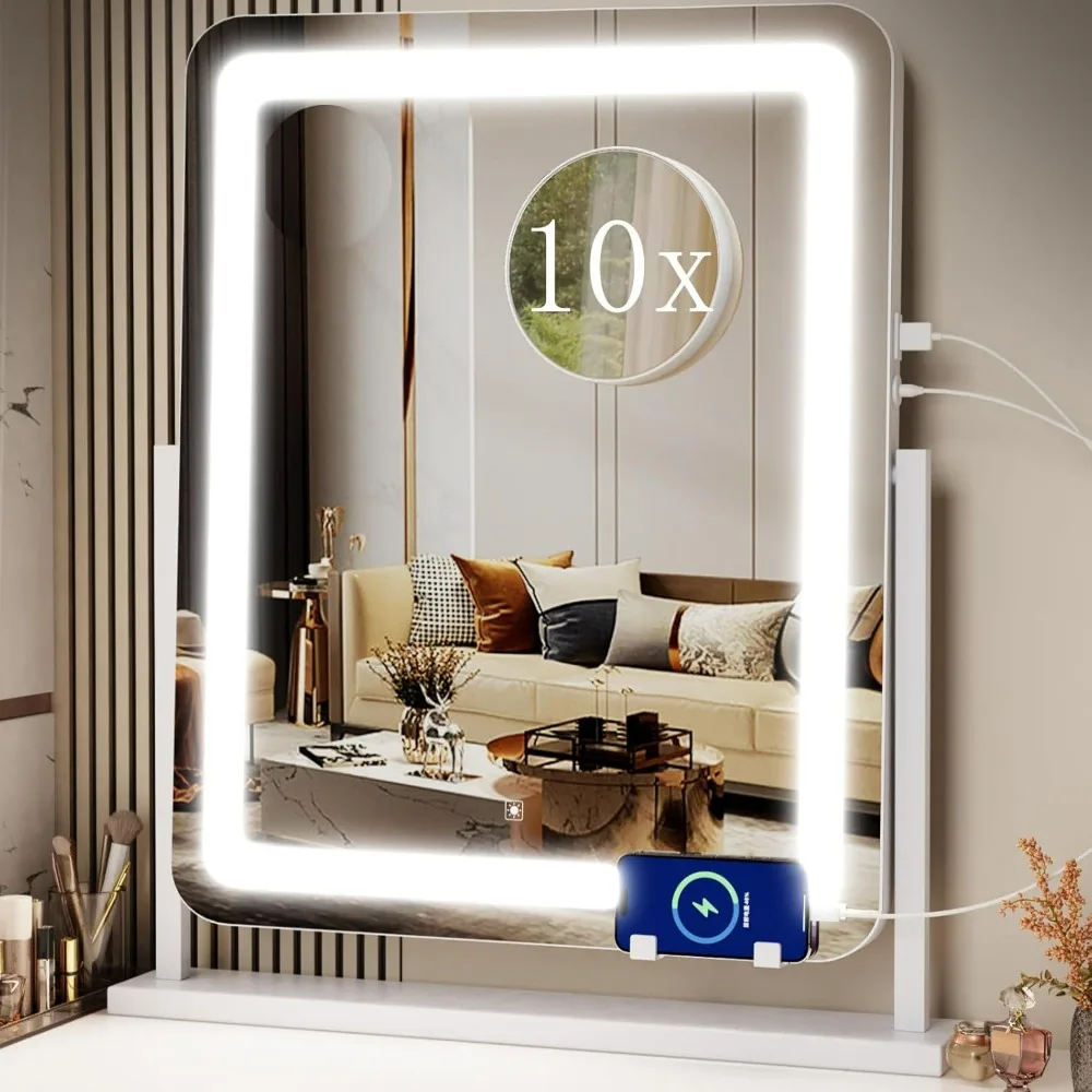 

Vanity Mirror with Lights, - 22" 10X USB Charging Port, Phone Holder, Smart Touch 3 Colors Dimmable, 360° Rotation, White