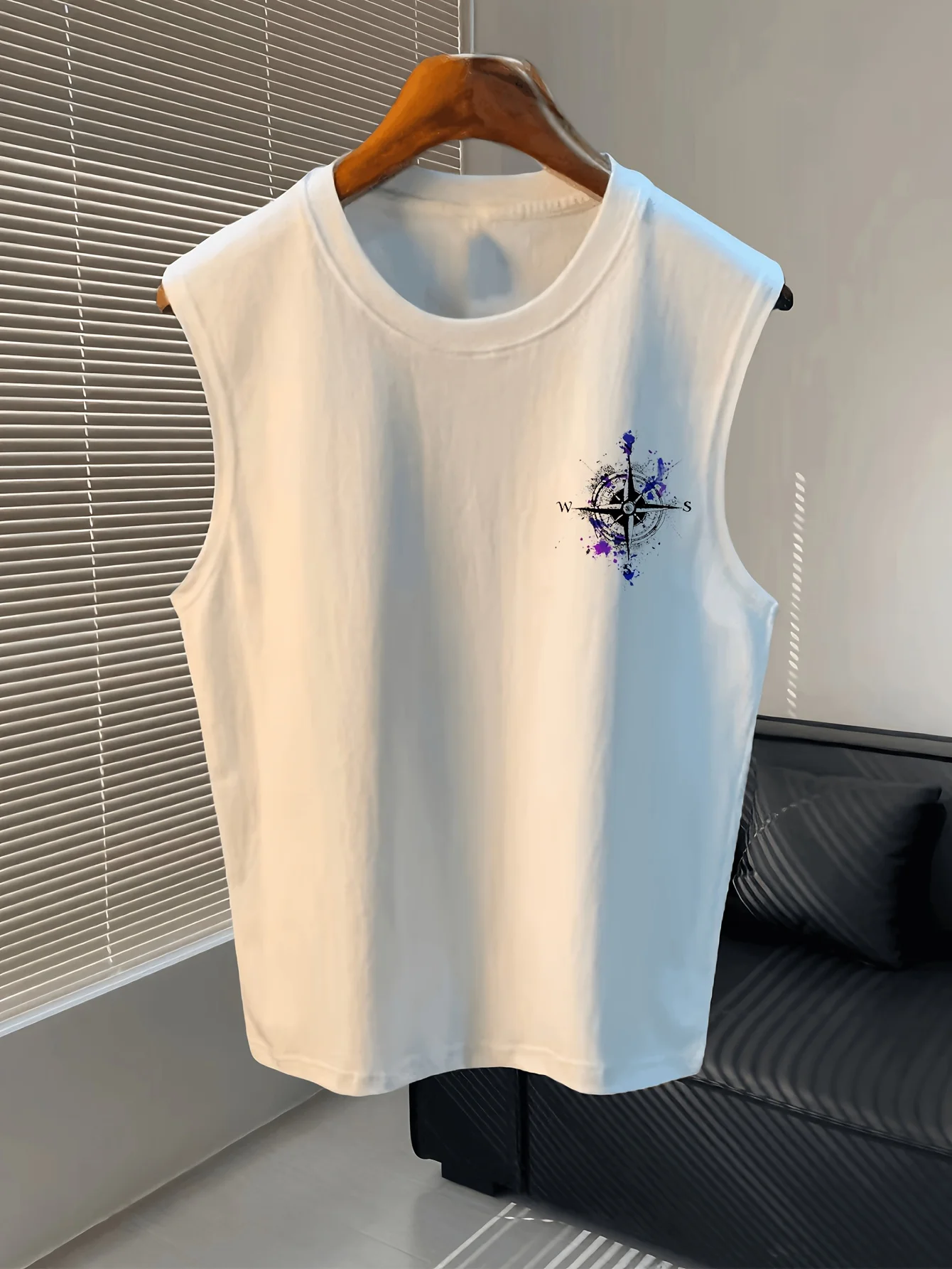Men's Summer 100% Pure Cotton Sleeveless Vest Compass Pattern Vest Purple Blue Splash Print Loose Casual Street Wear Breathable