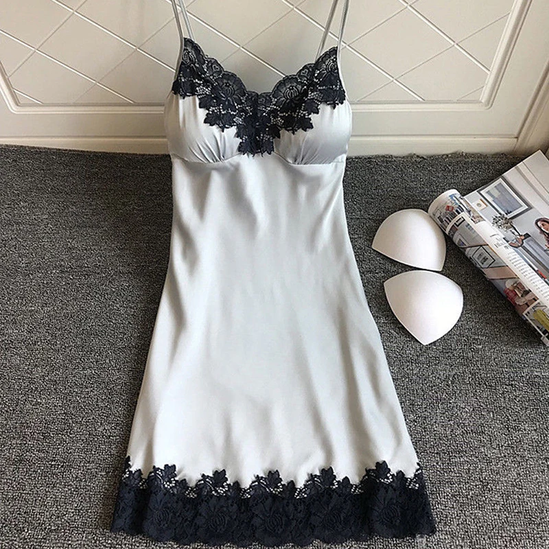 Women's Sexy dress Lingerie Summer Silk Night Gown Lace Patchwork Night Dress Spaghetti Strap Sleepwear Ladies With Chest Pad