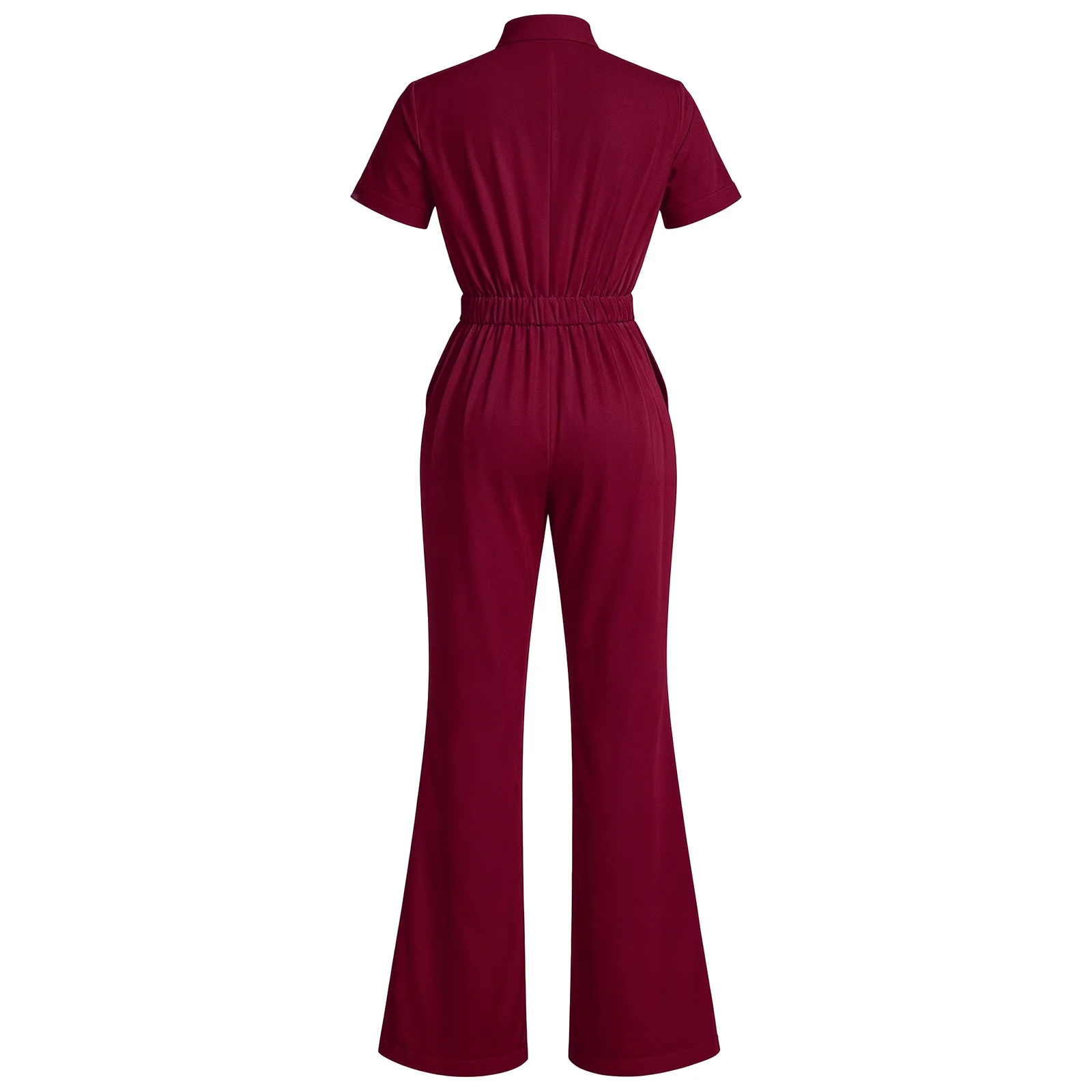 Women Slim Fit Medical Scrub Jumpsuit Stand Collar Buttons Short Sleeve Flare Pants Nurse Workwear Work Uniform with Pockets