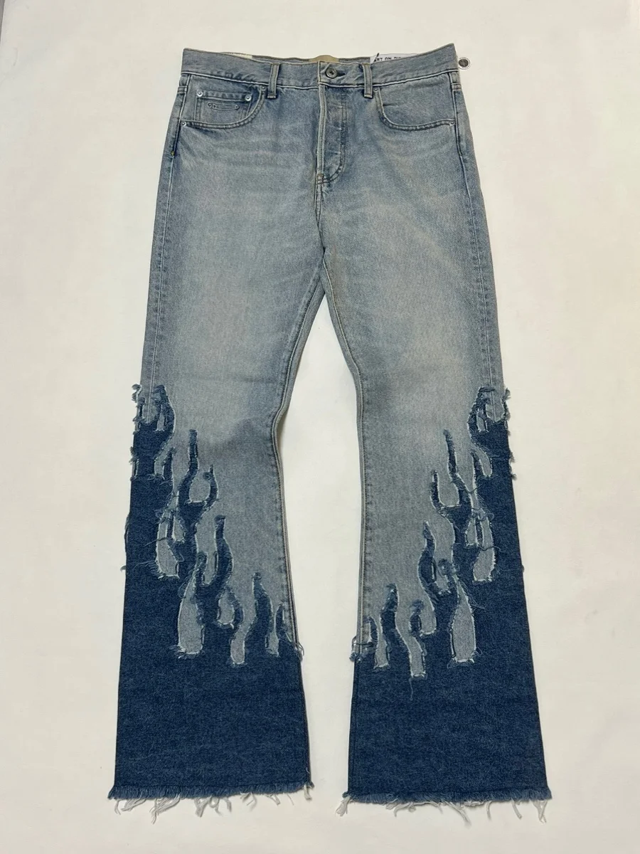 

Retro Style Flame Splicing Bell Bottom Jeans New Model Washed out Denim Pants American Style All Seasons Youth Long Trousers