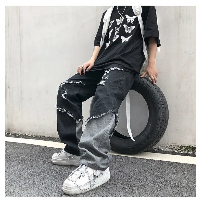 

Splicing Men's Jeans Women's Pants Youth Flanging Trendyol 2022 Trends Clothes Casual Printed Man Trousers Streetwear Baggy