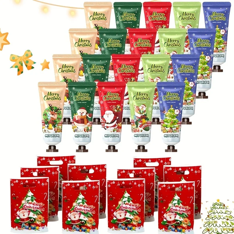20 PCS Christmas Hand Cream +10 PCS Gift Bags Set, Christmas Gift Kit, Hand Cream with Aloe & Vitamin E, Cream Texture