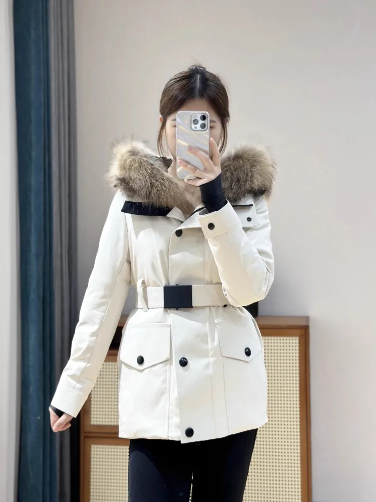 Winter Women Down Coat High Waist Cargo Jacket New Fashion Raccoon Hair Hooded Windbreak Warm Outside Female Casual Outerwear