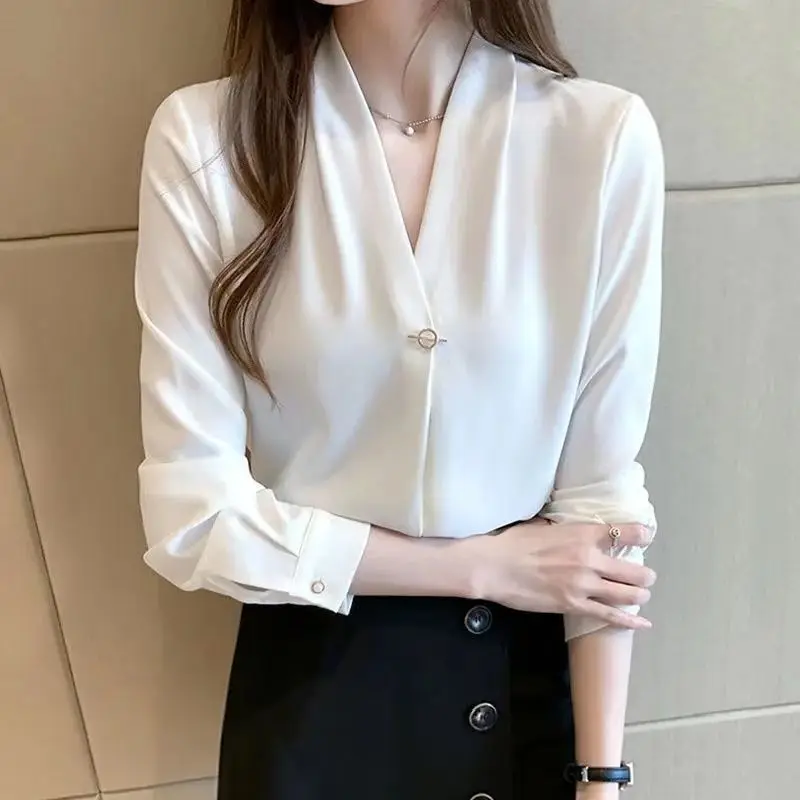 Female Clothing Commute V-Neck Solid Color Shirt Stylish Long Sleeve Spring Autumn Button Three-dimensional Decoration Blouse