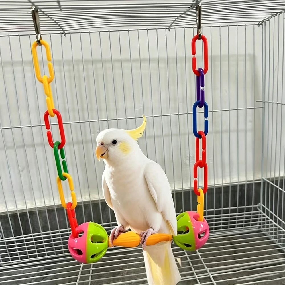 2pcs Colorful Bird Cage Hanging Perch Swing Toy Plastic Connecting Chain Parrot Swing with Rattle Balls Entertainment Toy