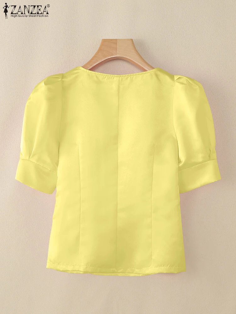 ZANZEA Elegant Shiny Satin Blouses Woman Summer 2025 Fashion Heart-Shaped Collar Short Puff Sleeve Blusas Mujer Solid Short Tops