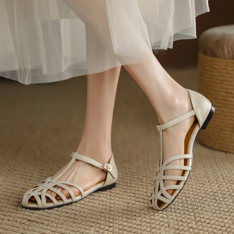 Low Sandals Woman Leather 2024 Summer Nubuck Shoes Closed Toe Espadrilles Platform Suit Female Beige Breathable Low-heeled Comfo