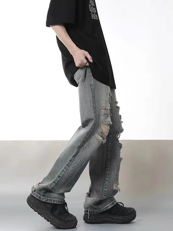 Man Pants Y2k Clothes Fashion Retro Baggy Jeans for Men New Washed Streetwear Ripped Jeans Loose Straight Leg Denim Men Trousers