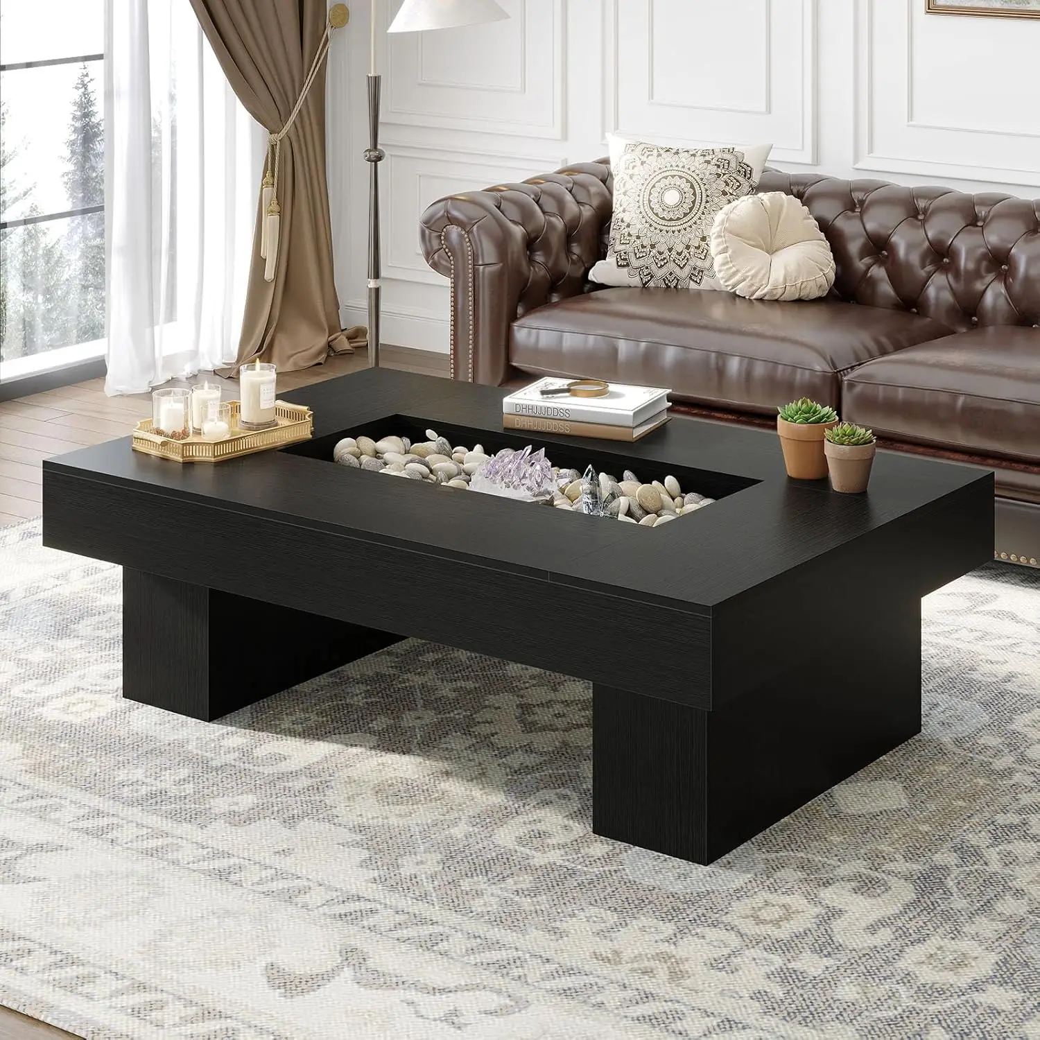 

Black LED Coffee Table Wood Storage Living Room Bedroom Office 47.24in Rectangle Low Contemporary Customized