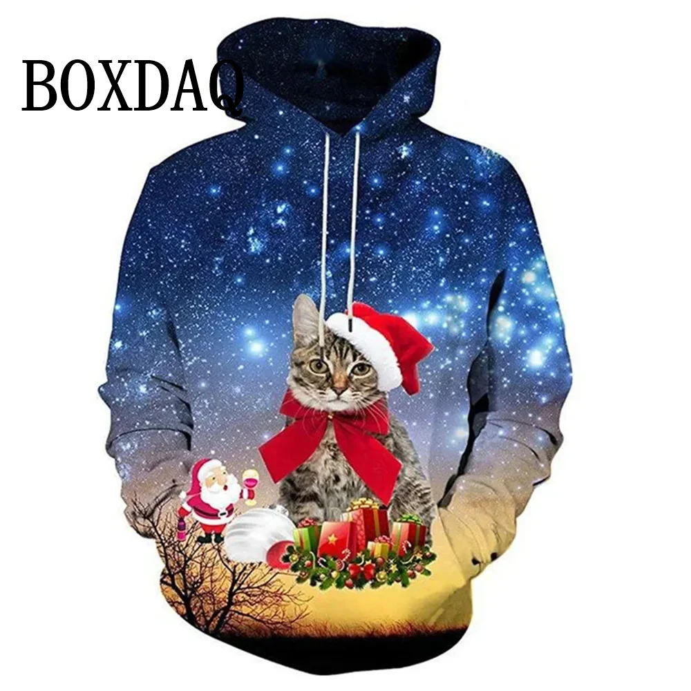 Funny Cat Christmas Party Hoodies Women Cute Sweet Casual Fashion Hooded Tops Autumn Winter Long Sleeve Pullover Pockets Hoodies