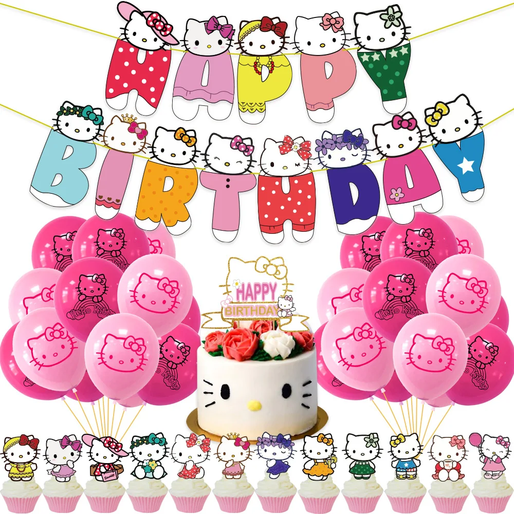 Hello Kitty Balloons Girl Birthday Party Flags Decorations Baby Shower Invitation Card Cake Toppers Ballon Supply Globos Toys