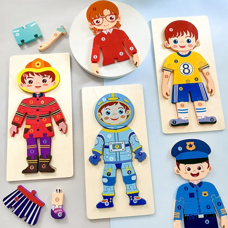 Baby Wooden 3D Puzzles for Kids Children Cartoon Number Character Career Cognitive Jigsaw Board Game Preschool Educational Toy