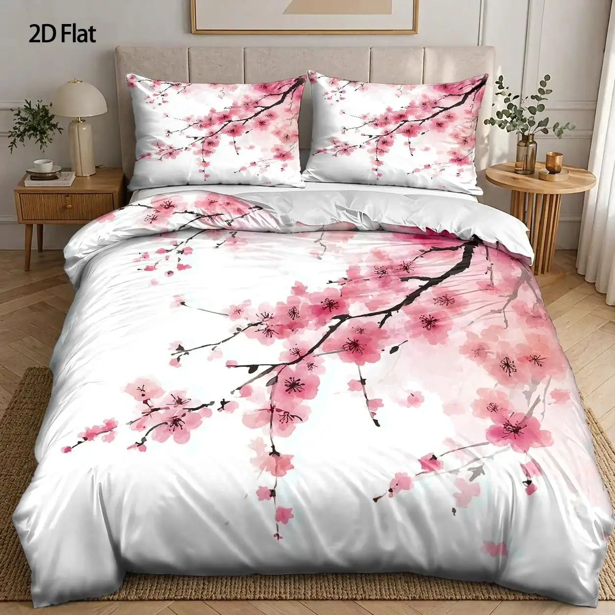 3-Piece Quilt Cover Set, 1 Quilt Cover + 2 Pillowcases (Without Filling), Cherry Blossom Theme Design, Romantic Cherry Blossom Festival, Home Essential, Suitable for All Seasons, Machine Washable, Invisible Zipper, Suitable for Home, Dormitory, Master Bedroom, Guest Room Use