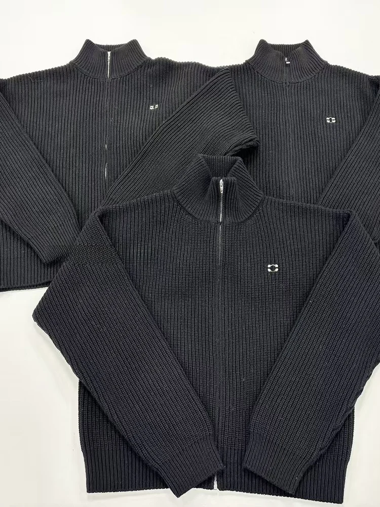 

Higher Wool Blend Knitted Jaet Zipper Open Cardigan Embroidered Arch Design Casual Warm Elastic Long Sve Sweater