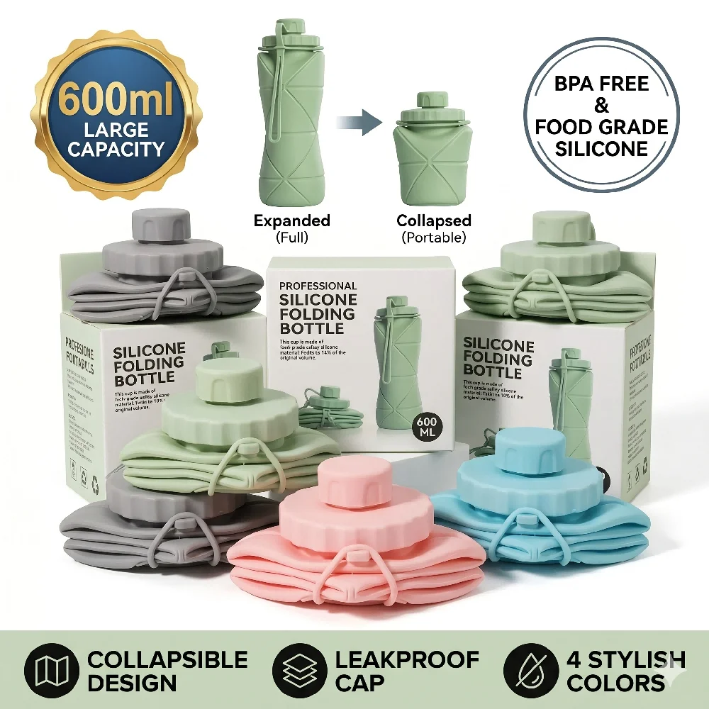 600ML Collapsible Silicone Water Bottle Space Saving Folding Travel Cup Reusable Leakproof Gym Sports Outdoor Camping Drinkware