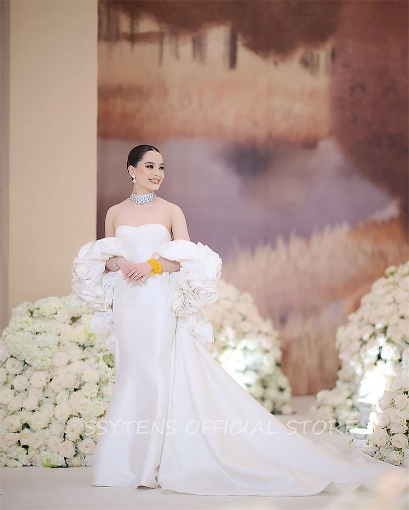 Robe de Soirée Longue en Ivoire de Luxe, Tenue de Bal, Quelle que soit la Tenue Formelle de Dubaï, Tenue de ix, 2 Pièces, avec Poignées Amovibles, Veste à Fleurs 3D