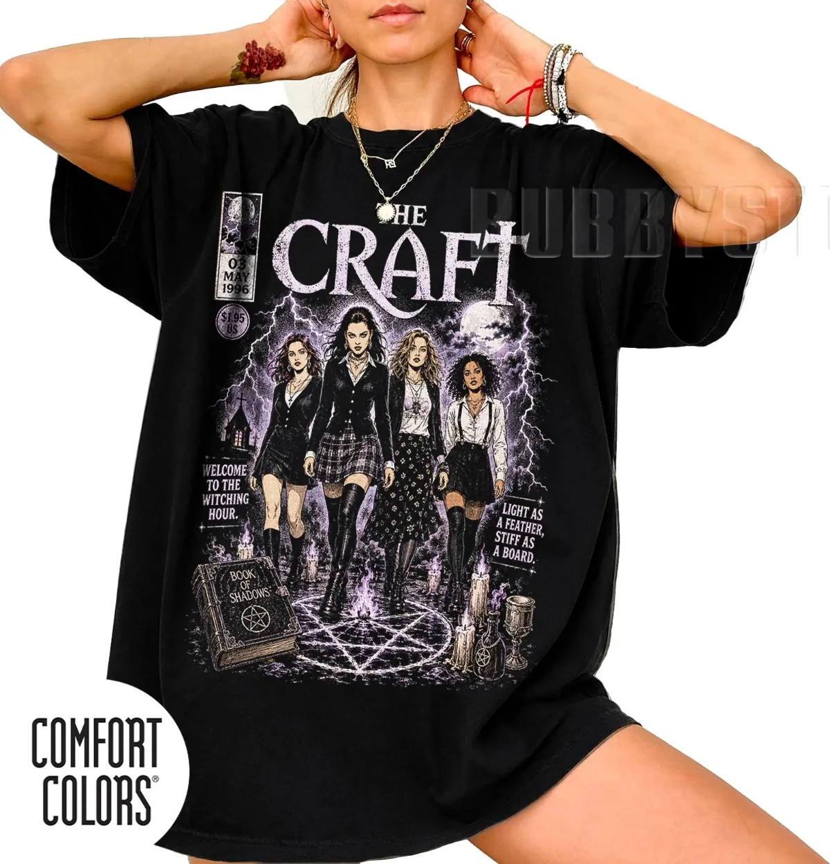Retro-T-Shirt mit dem Comic-Motiv „Witch Game“ (1996), T-Shirt mit dem Motiv eines Kultfilms der 90er Jahre, T-Shirt im Retro-Gothic-Stil, T-Shirt mit einem Horror-Motiv zum Thema Hexerei. – Detail 3