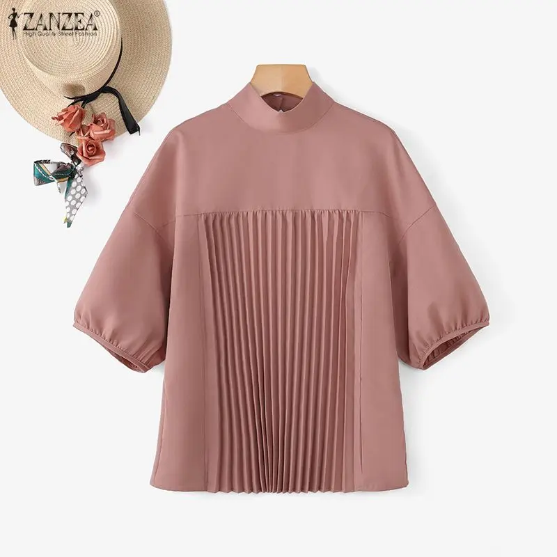 ZANZEA Damesmode Blouse Zomer Stand Kraag Half Lantaarn Mouw Casual Geplooide Tops Losse Shirts Elegant Office Lady Blusas
