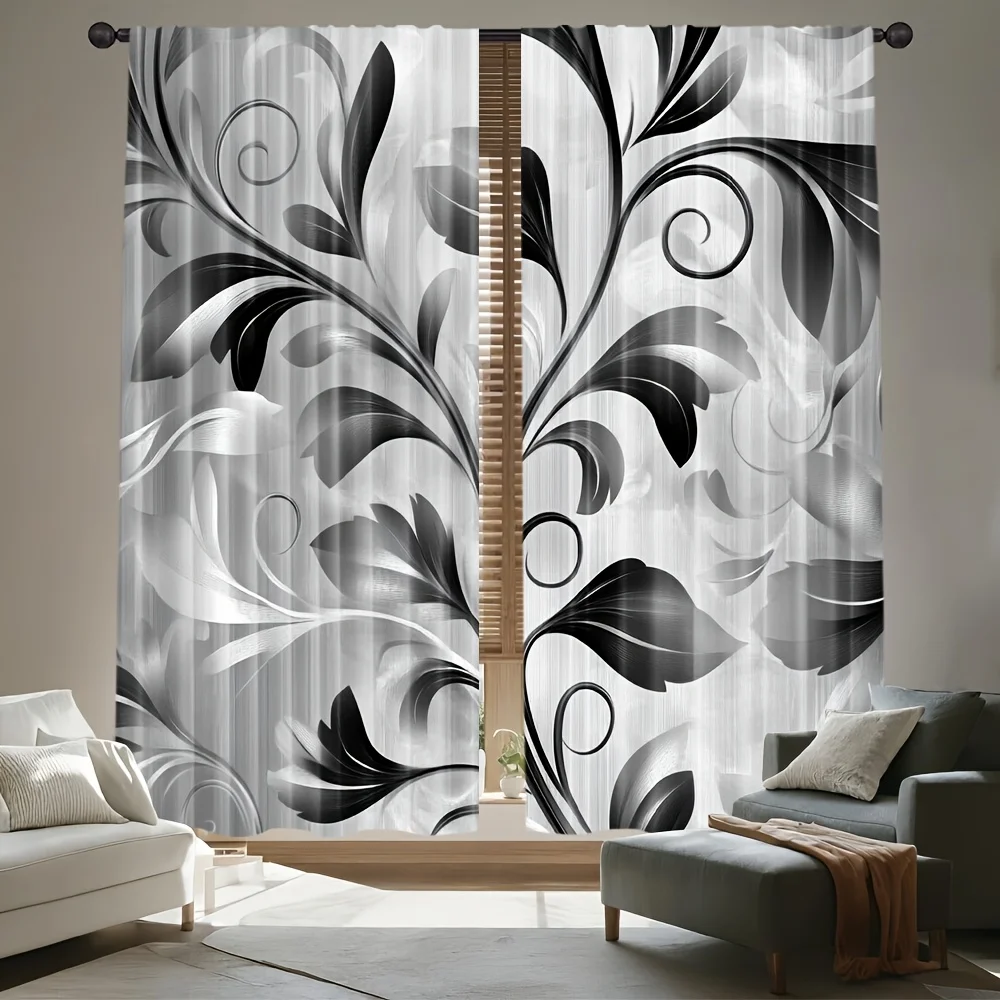 2pc Black and white leaf pattern curtains - polyester fabric, machine washable, suitable for living room and bedroom décor.
